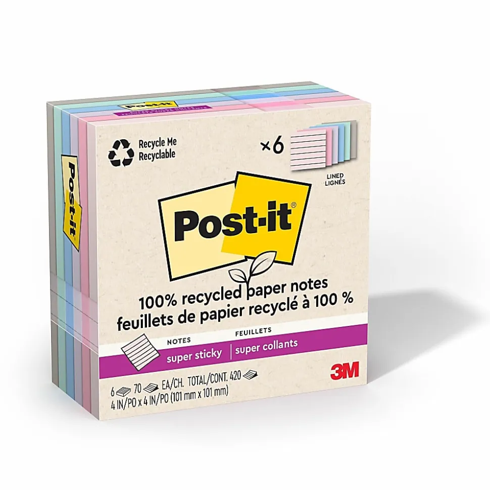 Post-it® Super Sticky 100% Recycled Paper Notes, 4 x 4 in, 6 Lined Sticky Note Pads, 70 Sheets/Pad, School and Office Supplies, Wanderlust Pastels