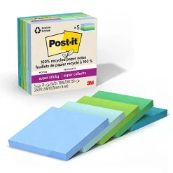 Post-it® Super Sticky 100% Recycled Paper Notes, 3 x 3 in, 5 Sticky Note Pads, 70 Sheets/Pad, 2X the Sticking Power, School and Office Supplies, Oasis