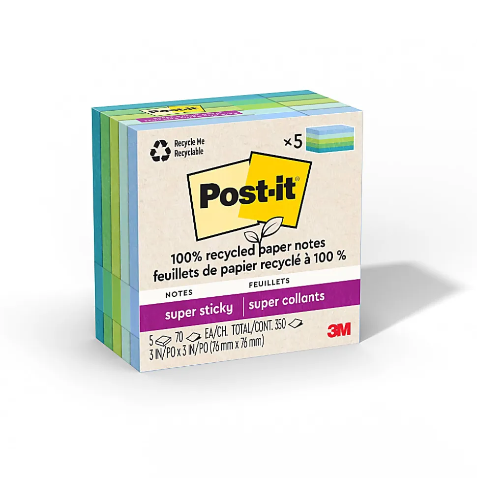 Post-it® Super Sticky 100% Recycled Paper Notes, 3 x 3 in, 5 Sticky Note Pads, 70 Sheets/Pad, 2X the Sticking Power, School and Office Supplies, Oasis