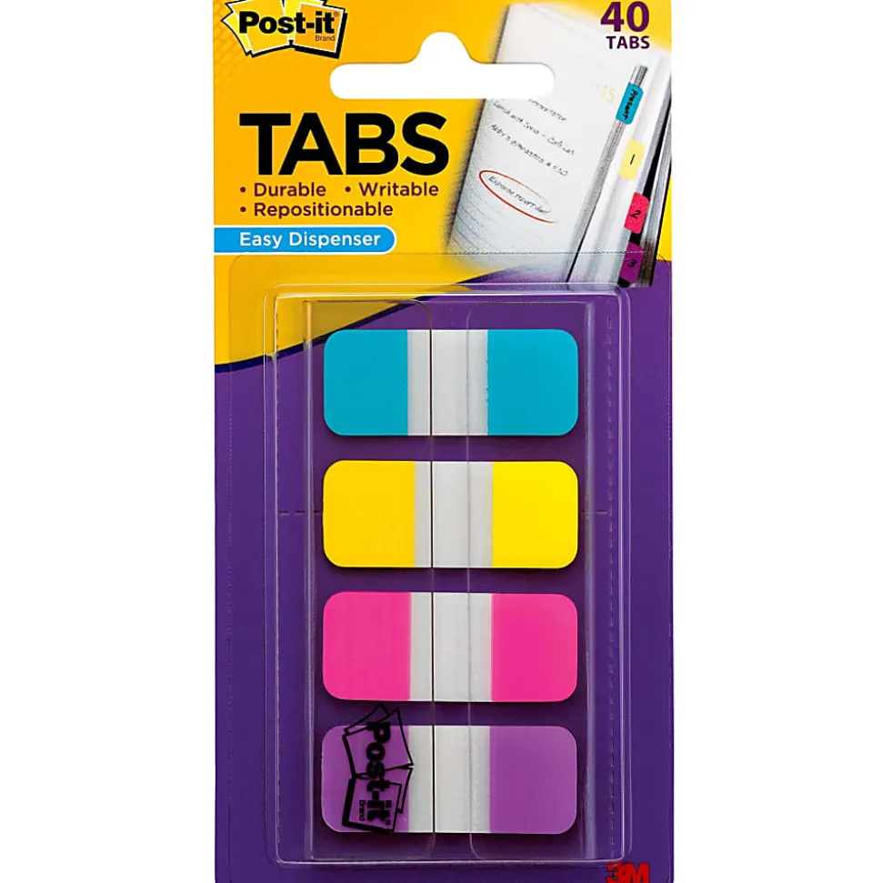 Post-it® Tabs, .625 in., 10/Color, 40/Dispenser, Solid, Aqua, Yellow, Pink, Violet