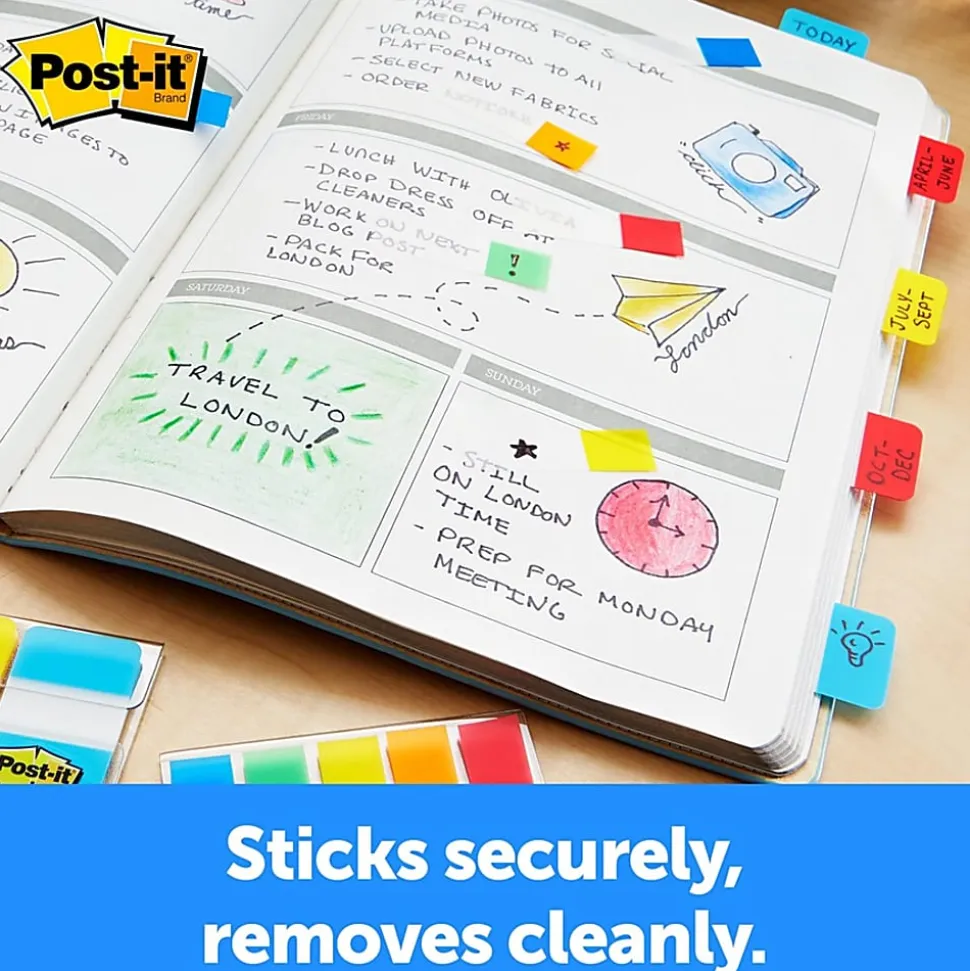 Post-it® Tabs, .625 in., 10/Color, 40/Dispenser, Solid, Aqua, Yellow, Pink, Violet