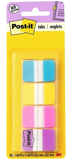 Post-it® Tabs, 1 in. x 1.5 in., 1 Pack, 88 Tabs/Pack, Assorted Colors, Back to School Supplies for Students, Tabs for Textbooks and Notebooks