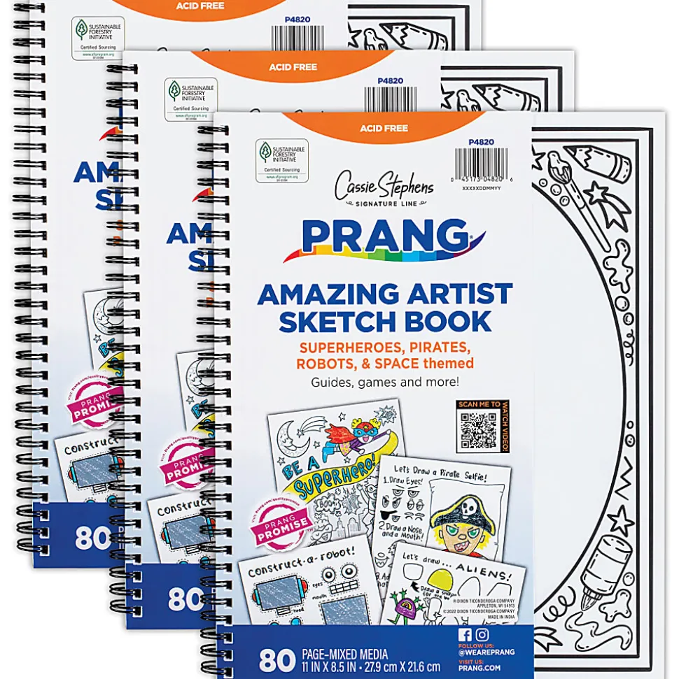 Prang Amazing Artists Sketch Books, 40 Sheets, 8 1/2" x 11", Multicolor, Pack Of 3 Books