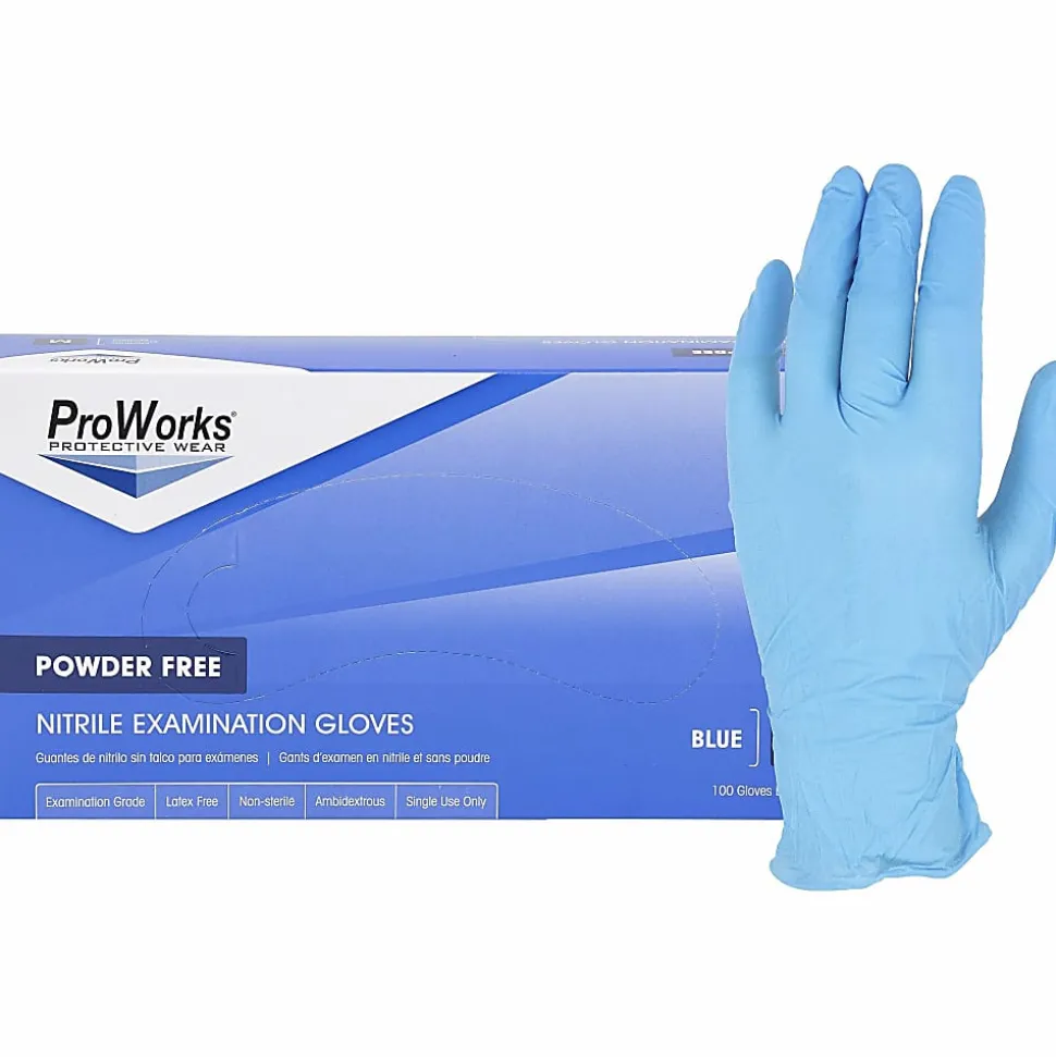 ProWorks Nitrile Powder-Free Exam Gloves, 4 mil Thickness x 9.50" Glove Length, Large Size, For Right/Left Hand, 100/Box, 10 / Carton