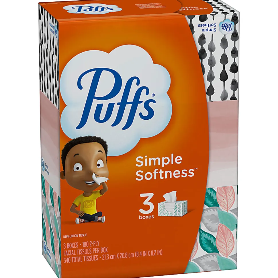Puffs Basic 2-Ply Facial Tissues, White, 180 Tissues Per Box, Case Of 3 Boxes