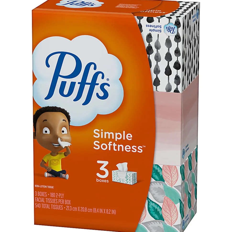 Puffs Basic 2-Ply Facial Tissues, White, 180 Tissues Per Box, Case Of 3 Boxes