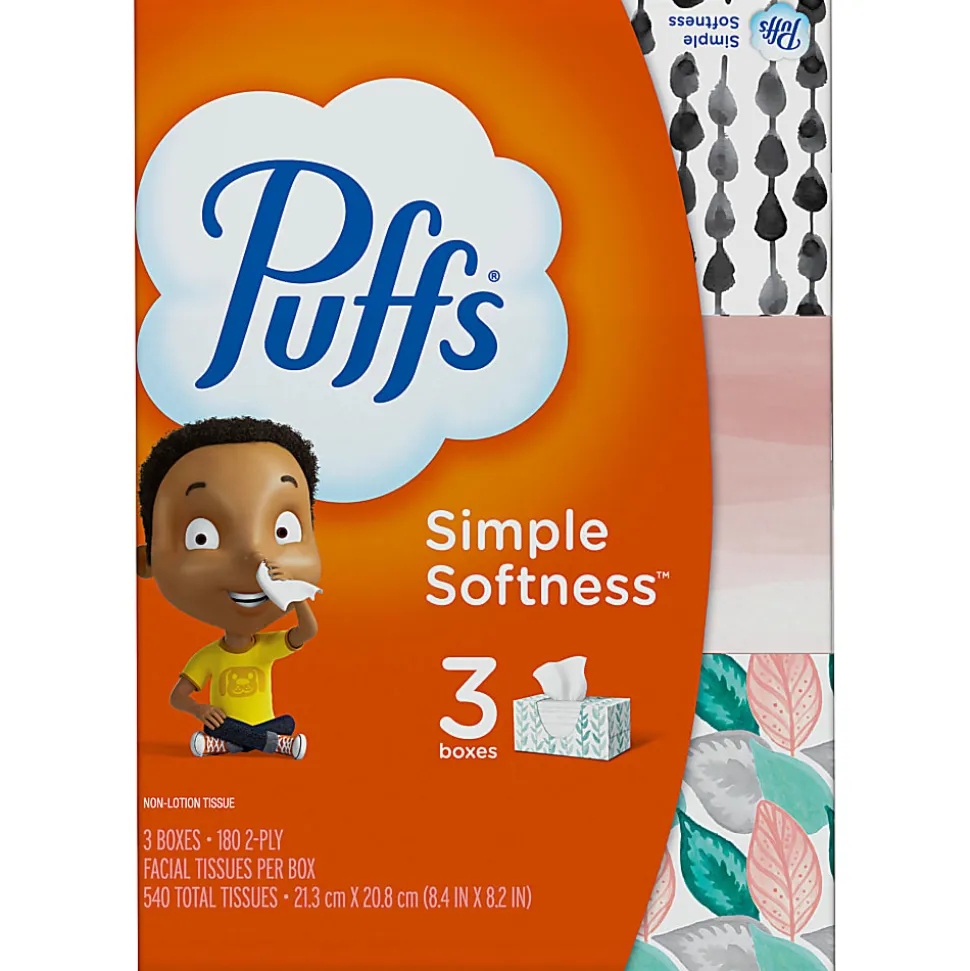 Puffs Basic 2-Ply Facial Tissues, White, 180 Tissues Per Box, Case Of 3 Boxes