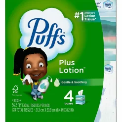 Puffs Plus Lotion 2-Ply Facial Tissues, White, 56 Sheets Per Box, Pack of 4 Boxes