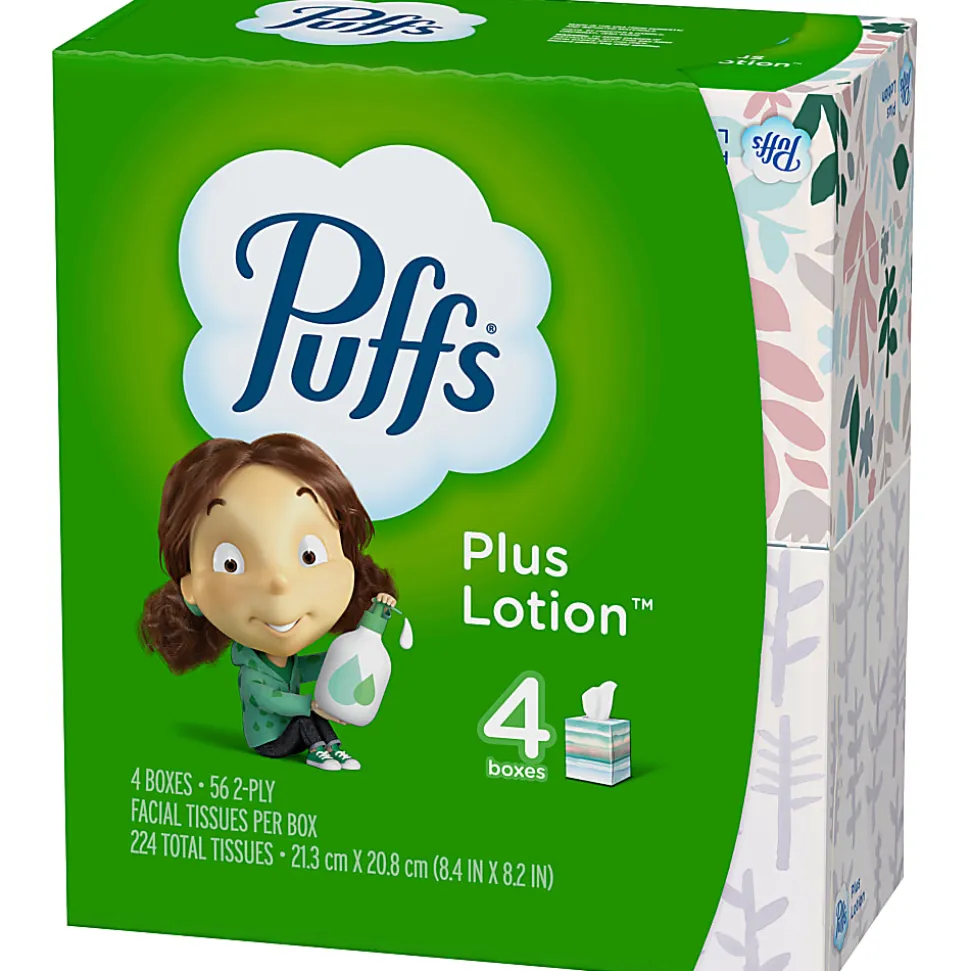 Puffs Plus Lotion 2-Ply Facial Tissues, White, 56 Sheets Per Box, Pack of 4 Boxes