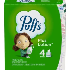Puffs Plus Lotion 2-Ply Facial Tissues, White, 56 Sheets Per Box, Pack of 4 Boxes