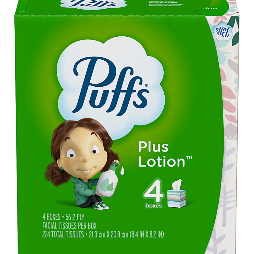 Puffs Plus Lotion 2-Ply Facial Tissues, White, 56 Sheets Per Box, Pack of 4 Boxes