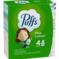 Puffs Plus Lotion 2-Ply Facial Tissues, White, 56 Sheets Per Box, Pack of 4 Boxes