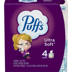 Puffs Ultra-Soft 2-Ply Facial Tissues, White, 56 Tissues Per Cube, Pack Of 4 Cubes