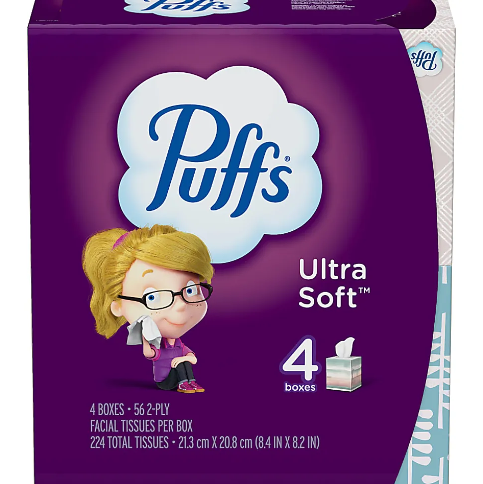 Puffs Ultra-Soft 2-Ply Facial Tissues, White, 56 Tissues Per Cube, Pack Of 4 Cubes