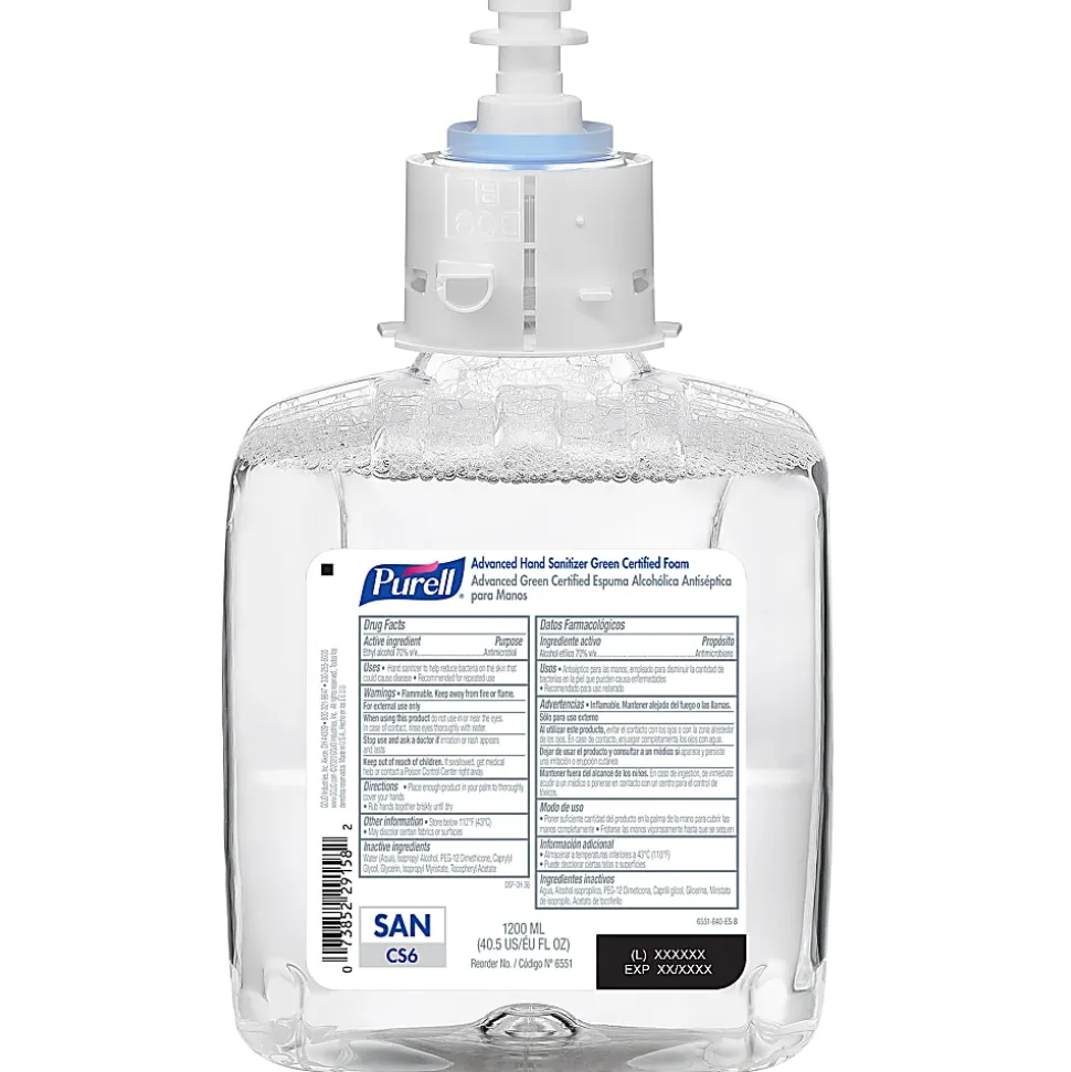 Purell® Advanced Green Certified Foam Hand Sanitizer Refills For CS6 Touch-Free Hand Sanitizer Dispensers, Unscented, 40.6 Oz,, Case Of 2 Refills