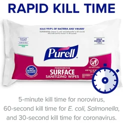 Purell® Foodservice Surface Sanitizing Wipes, Fragrance Free, 7-7/16” x 9”, White, Flowpack Of 72 Wipes