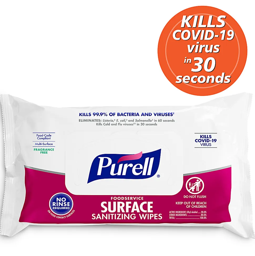 Purell® Foodservice Surface Sanitizing Wipes, Fragrance Free, 7-7/16” x 9”, White, Flowpack Of 72 Wipes