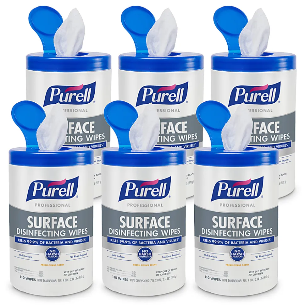 PURELL® Professional Surface Disinfecting Wipes, Citrus Scent, 110 Count Canister, 7"x 8" Wipes, Pack of 6 Canisters