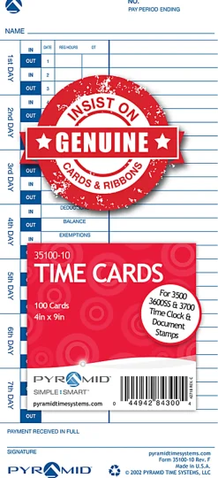 Pyramid Time Systems, 35100-10, Genuine and Authentic pack of 100 Time Cards, Use with Pyramid Side Loading Time Clocks, Models 3500, 3600SS and 3700