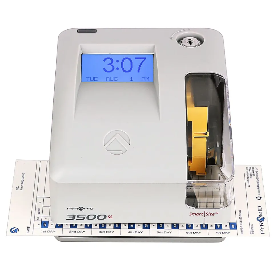 Pyramid Time Systems 3500ss Employment Time Clock & Document Stamp, Unlimited Employees, 5-1/2”H x 6-1/2”W x 6-1/2”D, Gray
