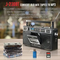 QFX Bluetooth Cassette Radio Boom Box with USB Recording and Built-in Microphone, 7-1/4”H x 4”W x 13-13/16”D, Black, J-230BT