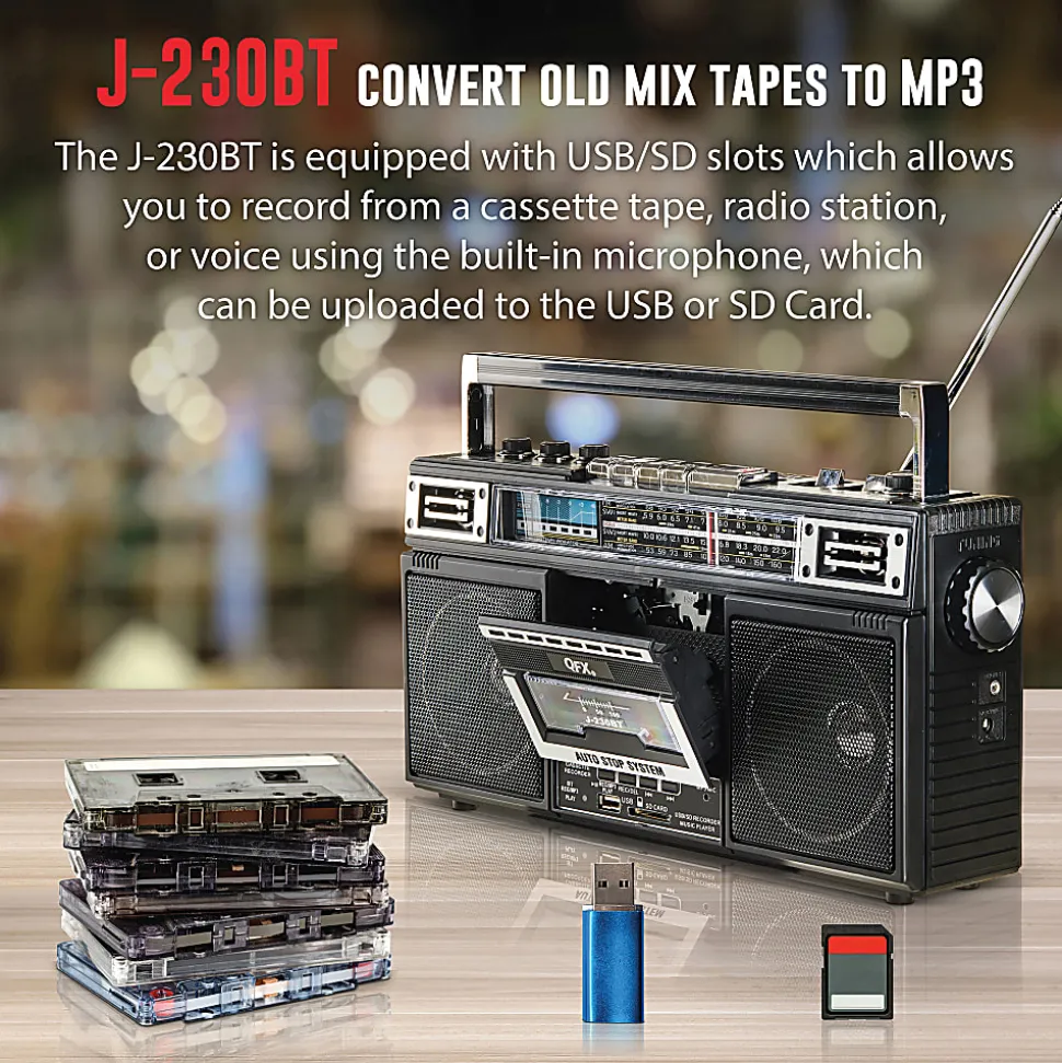 QFX Bluetooth Cassette Radio Boom Box with USB Recording and Built-in Microphone, 7-1/4”H x 4”W x 13-13/16”D, Black, J-230BT