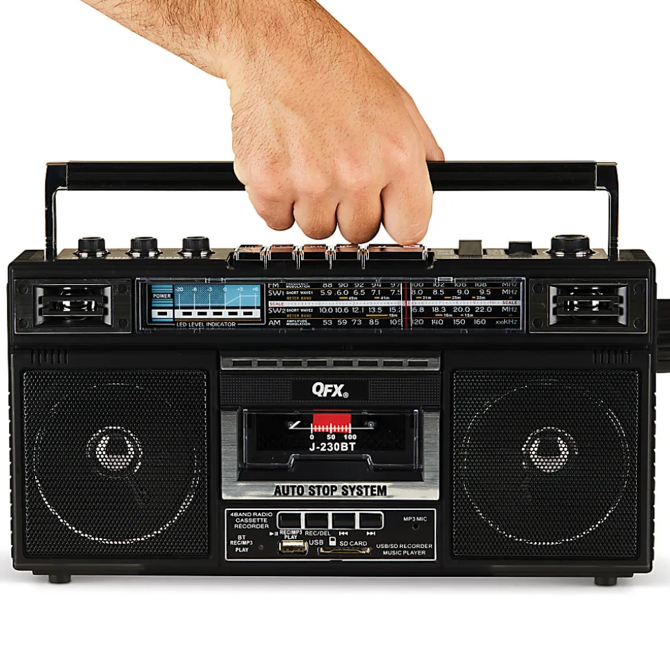 QFX Bluetooth Cassette Radio Boom Box with USB Recording and Built-in Microphone, 7-1/4”H x 4”W x 13-13/16”D, Black, J-230BT
