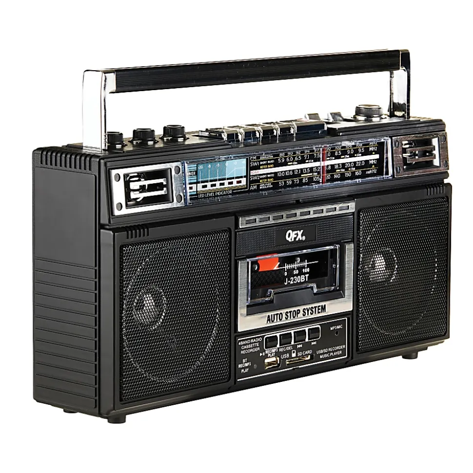 QFX Bluetooth Cassette Radio Boom Box with USB Recording and Built-in Microphone, 7-1/4”H x 4”W x 13-13/16”D, Black, J-230BT