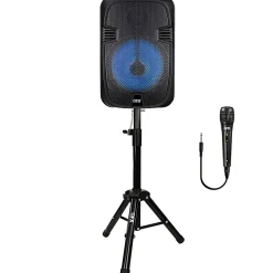 QFX 12-In. 21-Watt True Wireless Stereo Bluetooth Rechargeable Speaker with Wired Microphone & Stand, Black, PBX-1206SM
