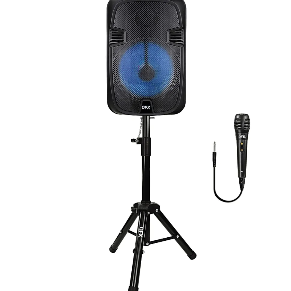 QFX 12-In. 21-Watt True Wireless Stereo Bluetooth Rechargeable Speaker with Wired Microphone & Stand, Black, PBX-1206SM