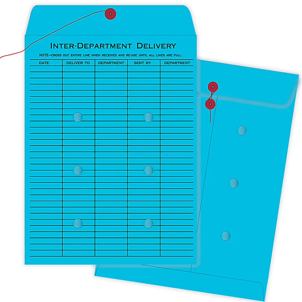 Quality Park® Interdepartment Envelopes, 10" x 13", 1-Sided Narrow Rule, Button & String Closure, Blue, Box Of 100