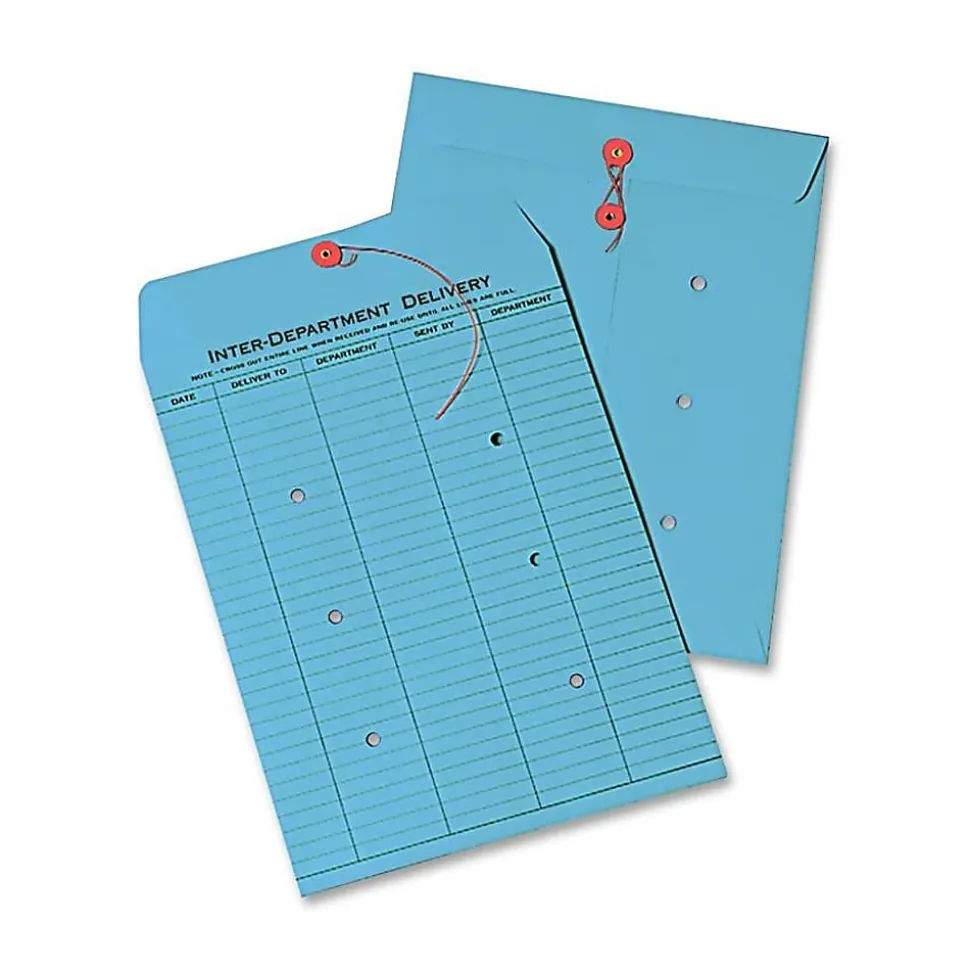 Quality Park® Interdepartment Envelopes, 10" x 13", 1-Sided Narrow Rule, Button & String Closure, Blue, Box Of 100
