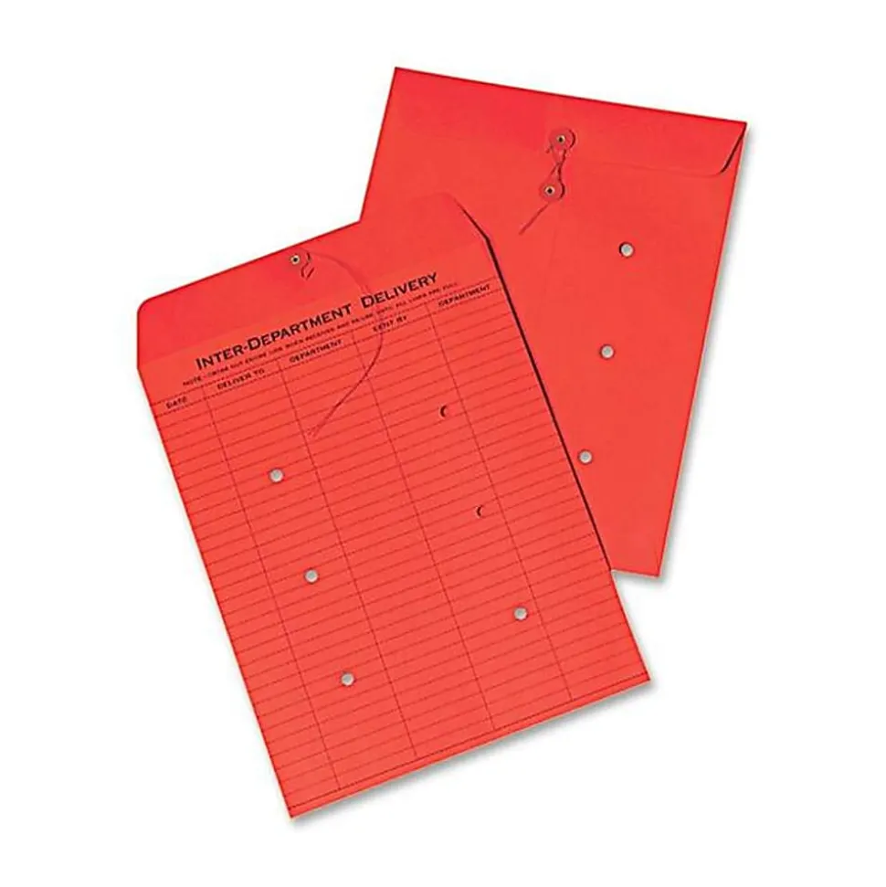 Quality Park® Interdepartment Envelopes, 10" x 13", 1-Sided Narrow Rule, Button & String Closure, Red, Box Of 100