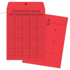 Quality Park® Interdepartment Envelopes, 10" x 13", 1-Sided Narrow Rule, Button & String Closure, Red, Box Of 100