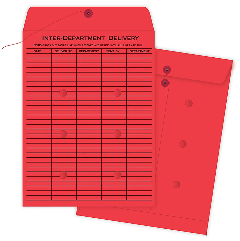 Quality Park® Interdepartment Envelopes, 10" x 13", 1-Sided Narrow Rule, Button & String Closure, Red, Box Of 100