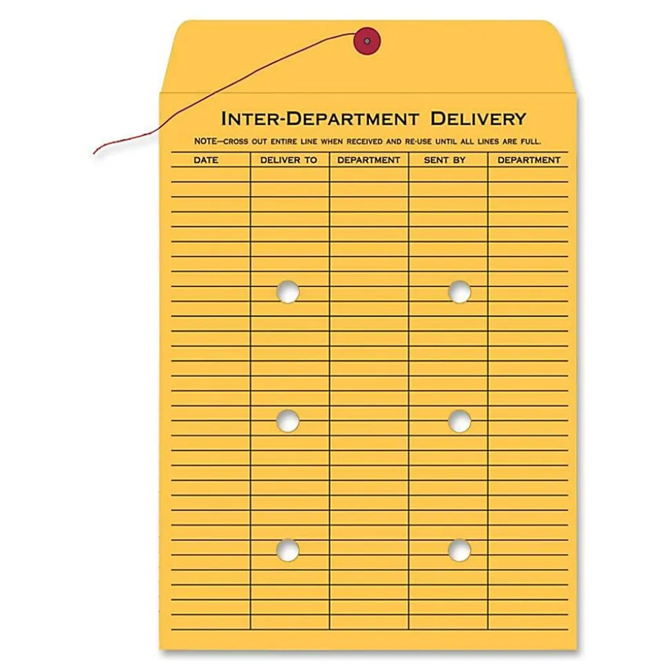 Quality Park® Interdepartment String & Button Closure Envelopes, 9" x 12", 1-Sided Narrow Rule, Brown, Box Of 100