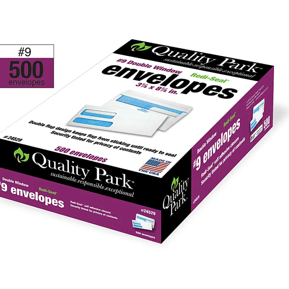 Quality Park® #9 Redi-Seal™ Double-Window Security Envelopes, Left Windows (Top/Bottom), Self-Seal, White, Box Of 500