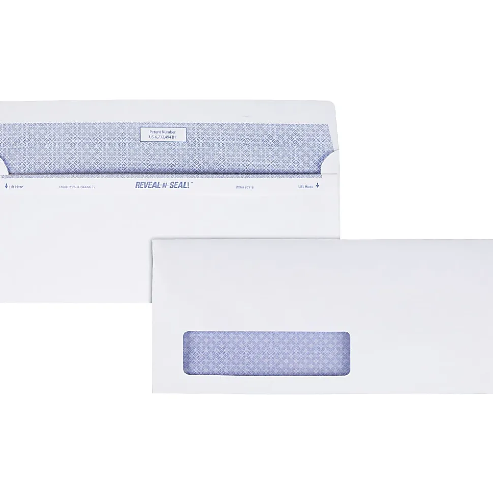 Quality Park® #10 Reveal-N-Seal Business Security Window Envelopes, Bottom Left Window, Self-Sealing, White, Box Of 500