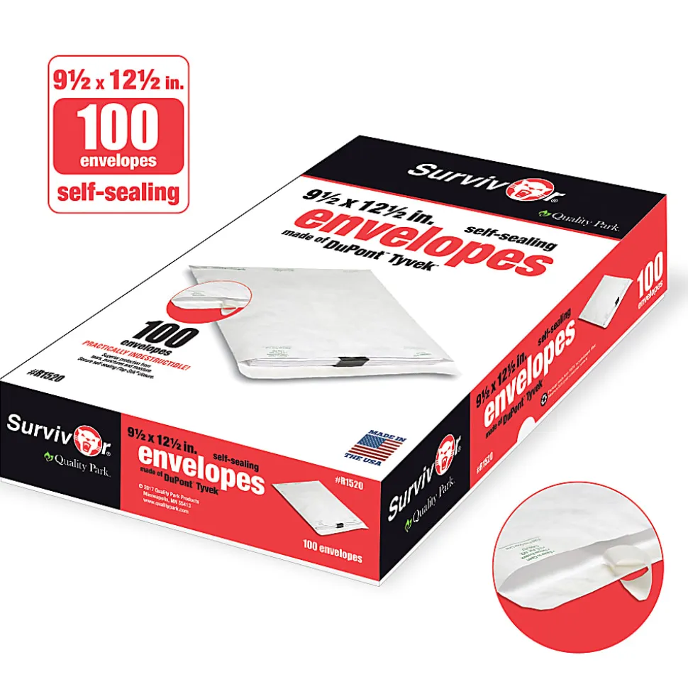 Quality Park® Tyvek® Envelopes, 9 1/2" x 12 1/2", Self-Adhesive, White, Box Of 100