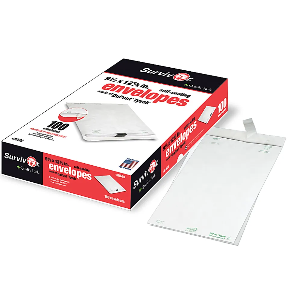 Quality Park® Tyvek® Envelopes, 9 1/2" x 12 1/2", Self-Adhesive, White, Box Of 100