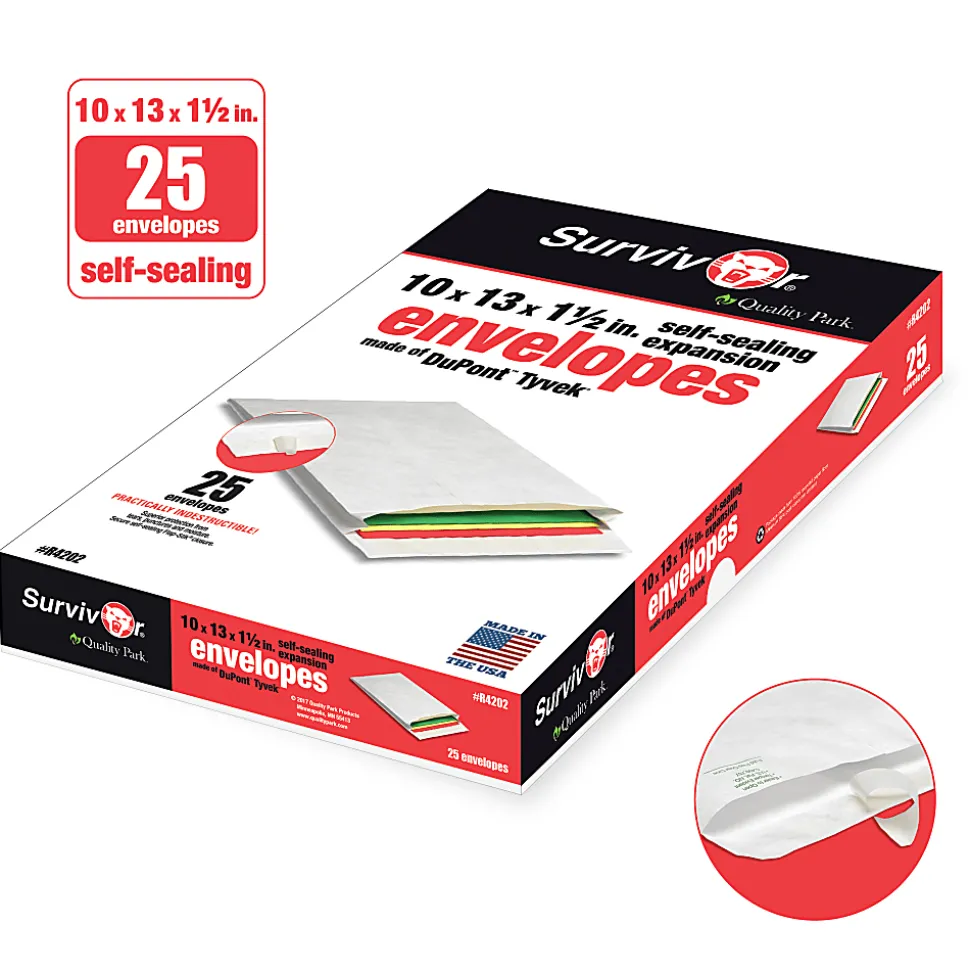 Quality Park® Tyvek® Expansion Envelopes, 10" x 13" x 1 1/2", 14 Lb, White, Box Of 25