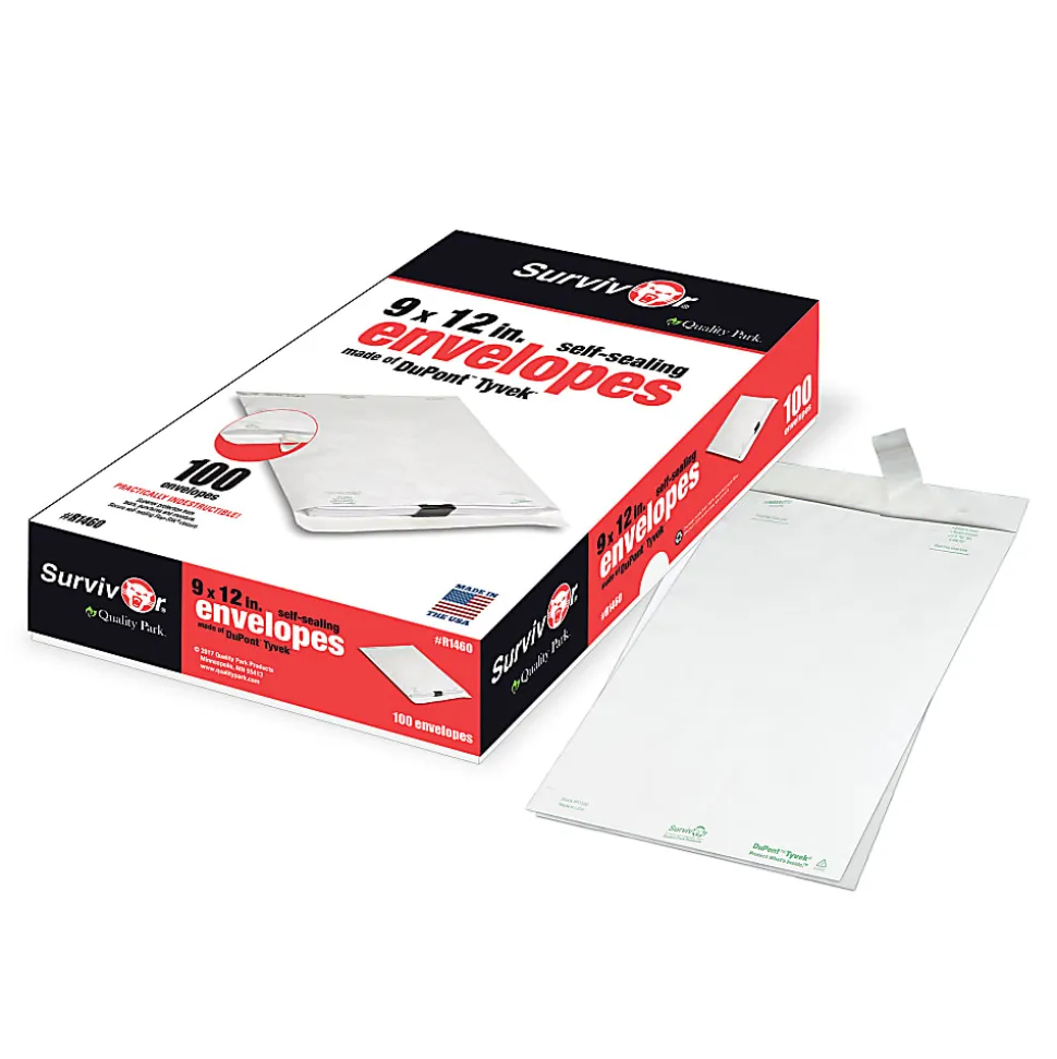 Quality Park® Tyvek® 9" x 12" Envelopes, Self-Adhesive, White, Box Of 100