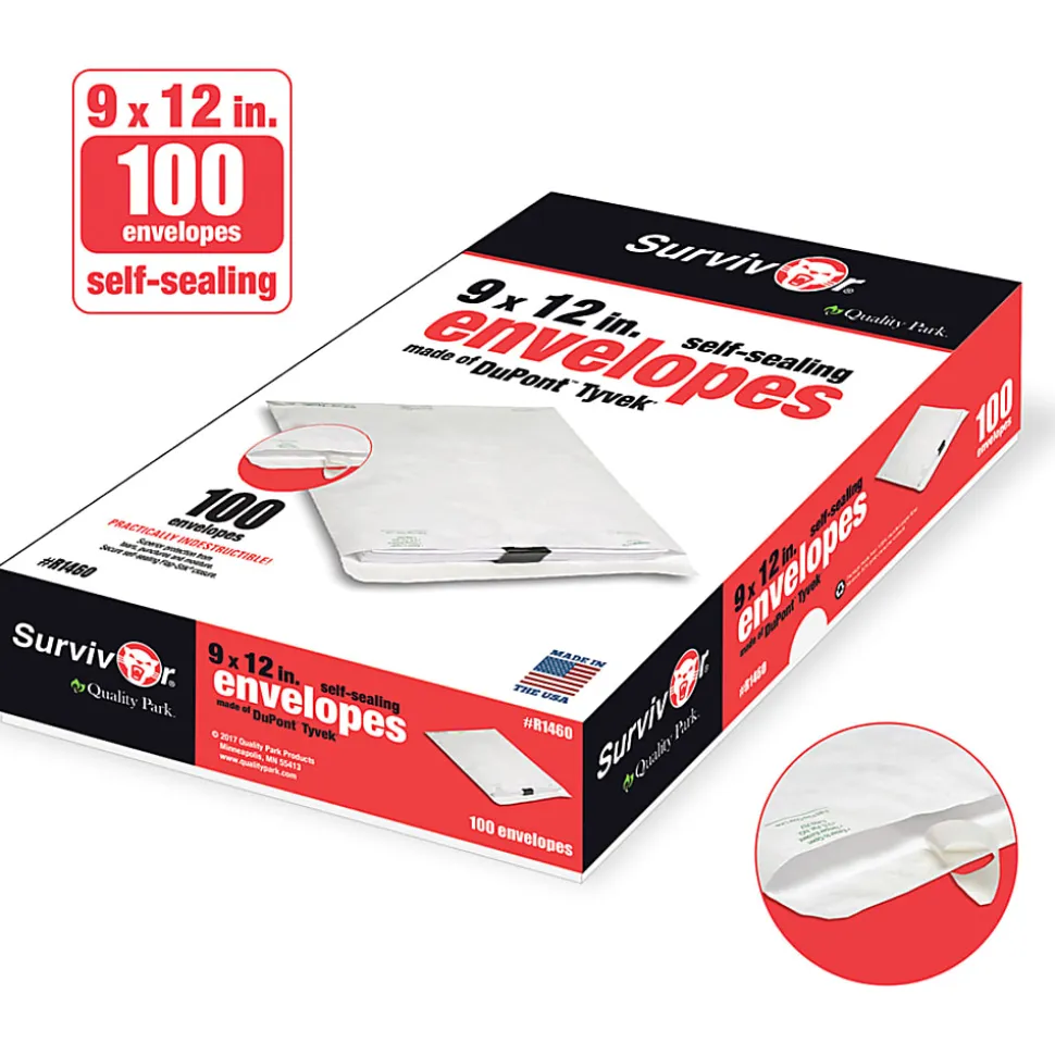 Quality Park® Tyvek® 9" x 12" Envelopes, Self-Adhesive, White, Box Of 100