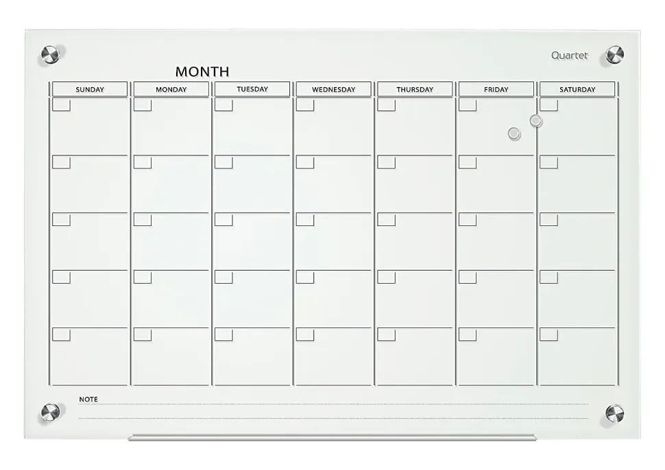Quartet® Infinity™ Glass Magnetic Unframed Monthly Calendar Whiteboard, 24" x 36", White