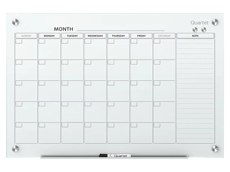 Quartet® Infinity™ Glass Magnetic Unframed Monthly Calendar Whiteboard, 24" x 36", White