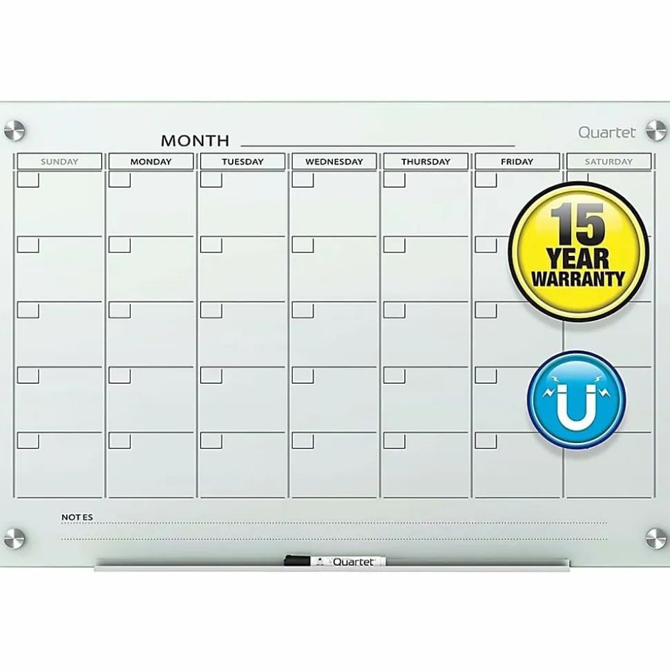 Quartet® Infinity™ Unframed Magnetic Glass Calendar Whiteboard, 18" x 24", White