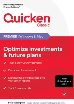 Quicken Classic Premier, New User, 1-Year Subscription, Windows®/Mac/iOS/Android Compatible, ESD