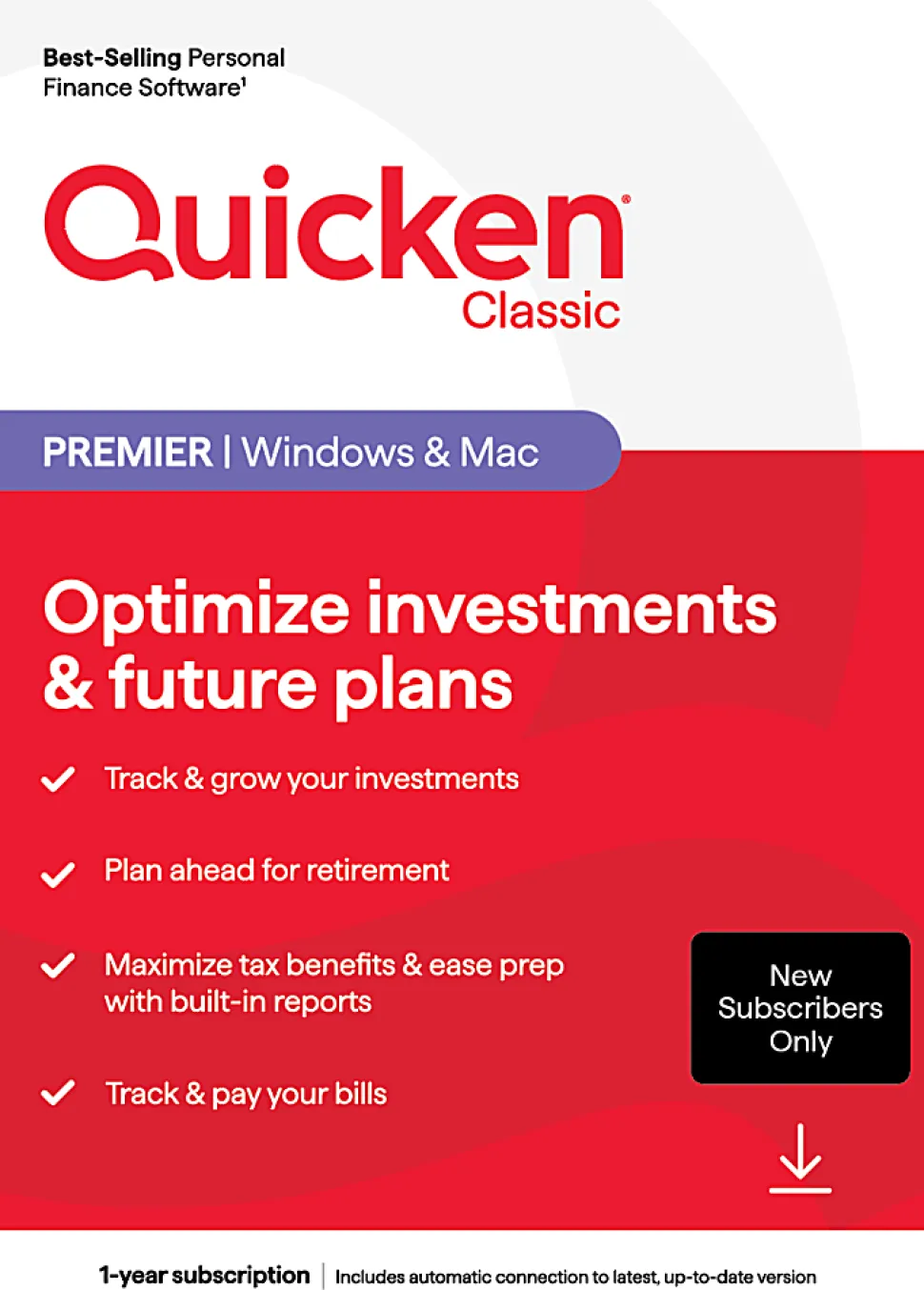 Quicken Classic Premier, New User, 1-Year Subscription, Windows®/Mac/iOS/Android Compatible, ESD