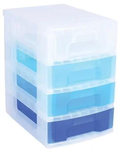 Really Useful Box® Plastic 4-Drawer Storage Tower, 7 Liters, 18" x 15 3/4" x 12", Clear/Blue