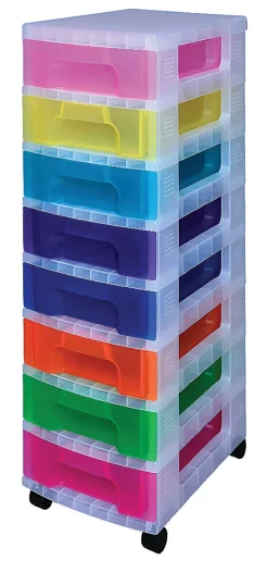 Really Useful Box® Plastic 8-Drawer Storage Tower, 7 Liters, 36 1/2" x 15 3/4" x 12", Clear/Rainbow
